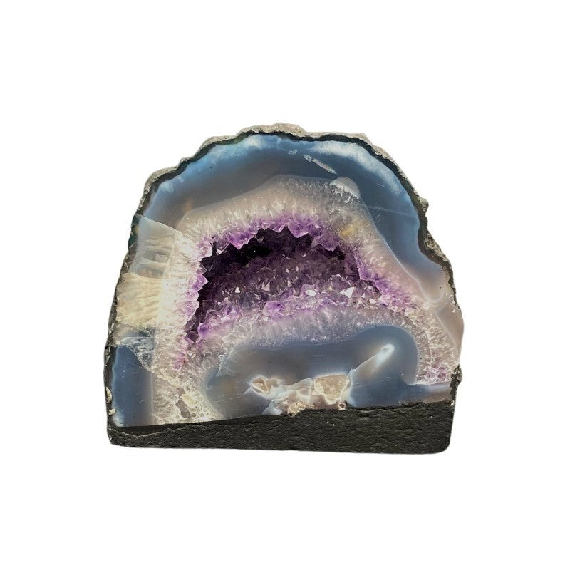 Front Side Of small amethyst half geode cathedral showing beautiful purple quartz crystals, highly polished front edge showing blue, cream and clear tones