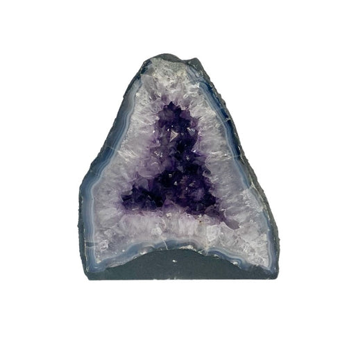 Front Of Amethyst Half Geode Cathedral Showing Purple Clusters Of Crystals A Highly Polished Edge With White Quartz Crystals And Blue Lines