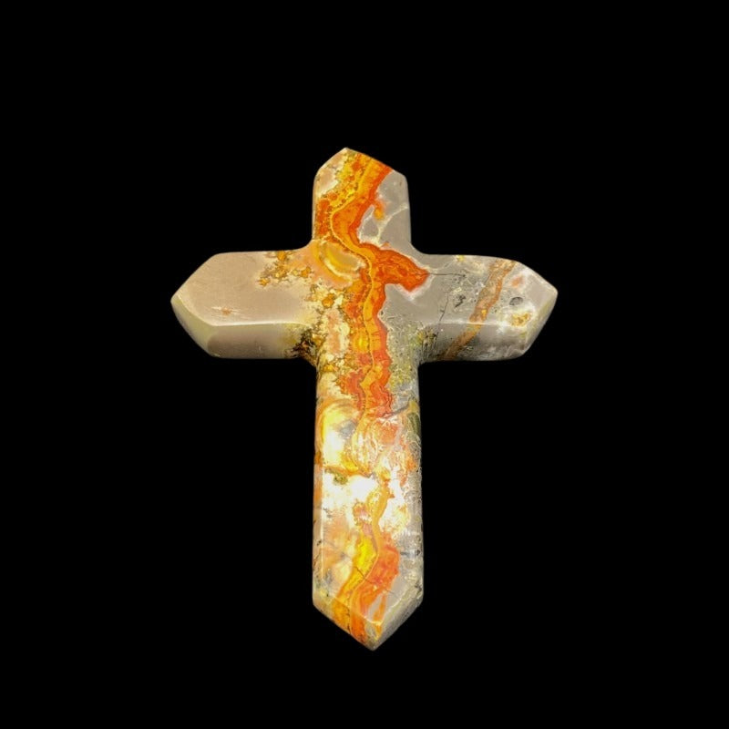 Front Side Of Cross Bumble Bee Carved Cross Orange Red Cream Brown White Natural Colors