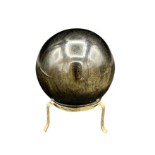 Load image into Gallery viewer, Front Side Of Goldsheen Obsidian Sphere Polished Black And A Iridescent Gold Overlay
