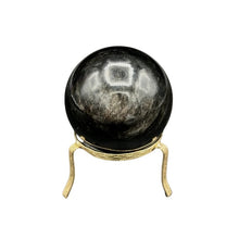 Load image into Gallery viewer, Front Side Of Silversheen Obsidian Sphere Glossy Black With A Iridescent Overlay Of Silver 
