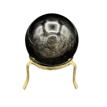 Load image into Gallery viewer, Back Side Of Silversheen Obsidian Sphere Glossy Black With A Iridescent Overlay Of Silver 
