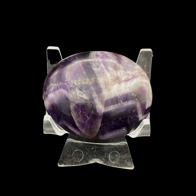 Small Polished Purple And White Zig-Zagged Pattern Chevron Amethyst Palm Stone In Artificial Light