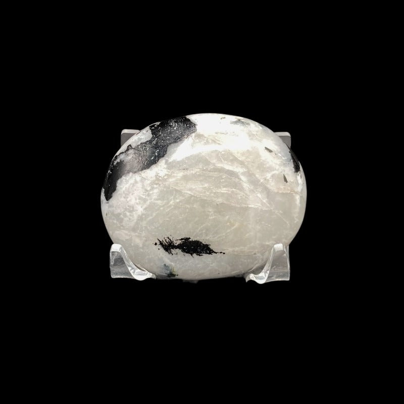 Polished White And Black Marbled Rainbow Moonstone Palmstone In Artificial Light