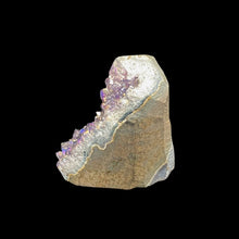 Load image into Gallery viewer, Side View Of Pearl Amethyst Cut Base, Natural Earth Tones And Iridescent Purple Crystals
