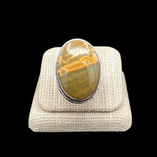 Load image into Gallery viewer, Front View Of Sterling Silver And Oval Shaped Ocean Jasper Gemstone Ring, Gemstone Is A Banding Of Bright Yellow And Olive Green
