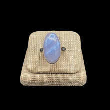 Load image into Gallery viewer, The Face Of Sterling Silver And Lace Agate Ring, Lace Agate Gemstone is Striped Two Tone White And Iridescent  Baby Blue And Is Oval Cut
