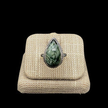 Load image into Gallery viewer, Front Of Sterling Silver And Tear Drop Shaped Serapharite Gemstone Ring, Gemstone Is Marbled Dark And LIght Green
