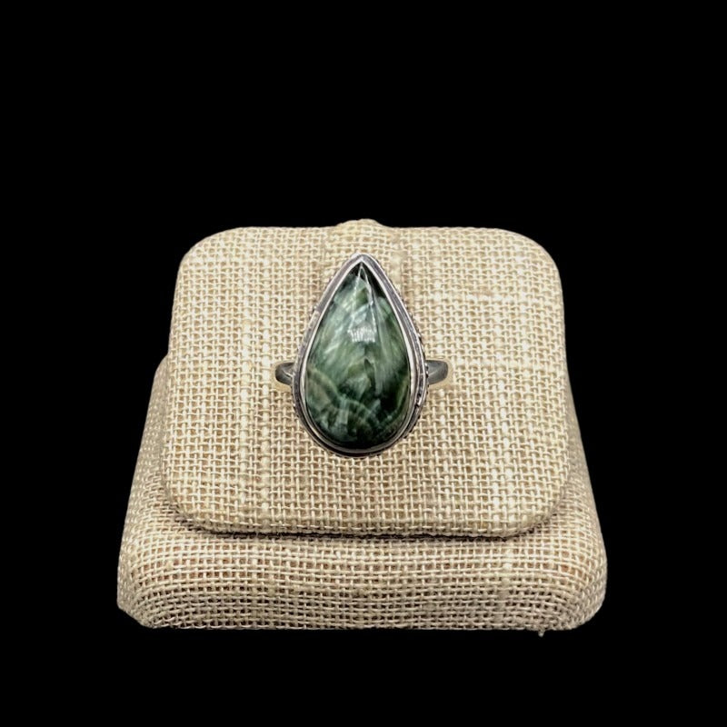 Front Of Sterling Silver And Tear Drop Shaped Serapharite Gemstone Ring, Gemstone Is Marbled Dark And LIght Green