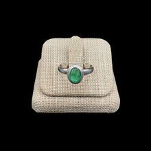Load image into Gallery viewer, Front Of Sterling Silver And Oval Shaped Emerald Ring, Emerald Gemstone Is A Polished Shamrock Green Color
