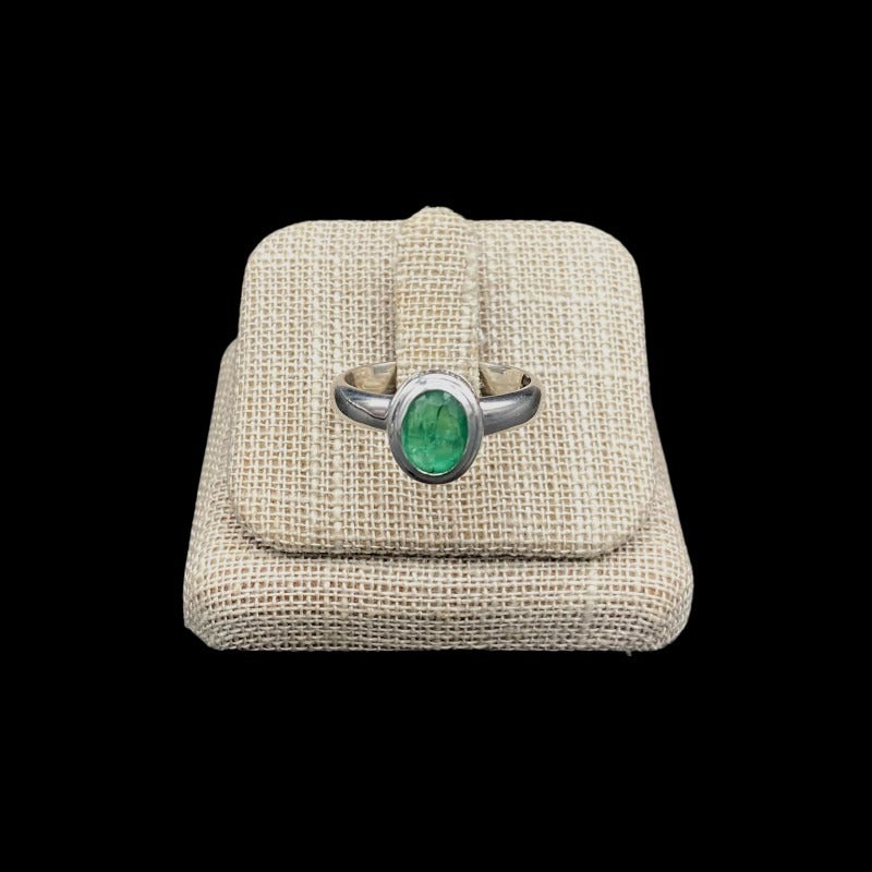 Front Of Sterling Silver And Oval Shaped Emerald Ring, Emerald Gemstone Is A Polished Shamrock Green Color