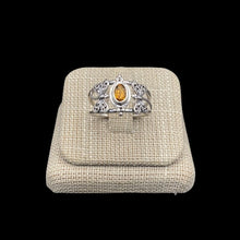 Load image into Gallery viewer, Front View Of Sterling Silver Dragonfly And Citrine Gemstone Ring, Band Is Polished Silver In Color And Gemstone Is A Brigth Citrus Orange Color
