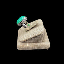 Load image into Gallery viewer, Side View Of Sterling Silver And Chrysoprase Gemstone Ring, Band A Polished Smooth Silver Color And The Gemstone Setting Has A Lovely Paisley Design

