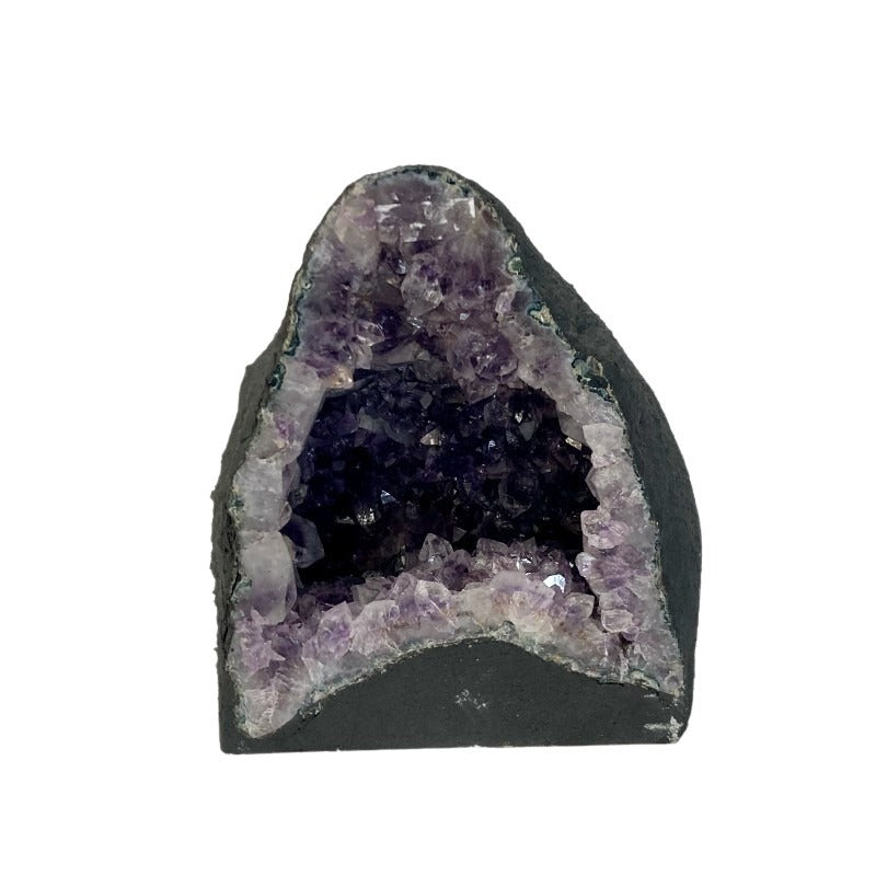 Front Side Of Amethyst Geode Cathedral, The Crystal Center Is Dark And Light Purple Crystal Point, And Around The Outer Edges Of The Face Is Painted A Flat Black