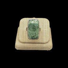 Load image into Gallery viewer, Front Of Sterling Silver And Seraphanite Gemstone Ring, The Gemstone Is A Marbled Green Color
