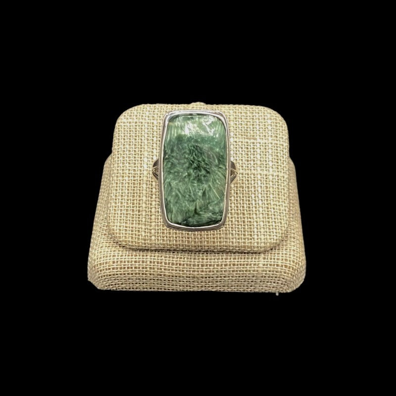 Front Of Sterling Silver And Seraphanite Gemstone Ring, The Gemstone Is A Marbled Green Color