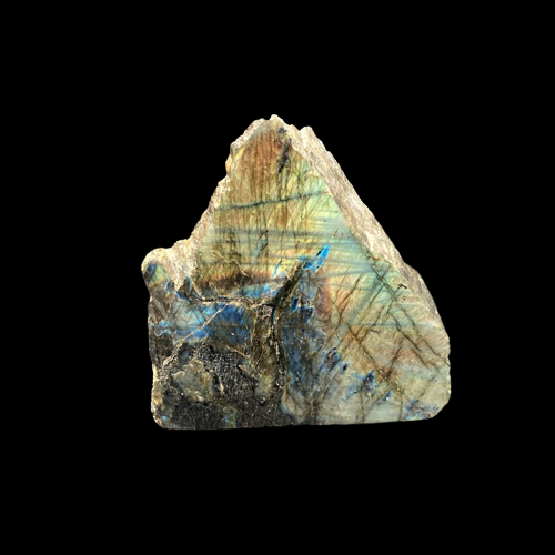 Labradorite Cut Base Polished Sculpted Mineral Specimen, Front Side Polished Smooth And Iridescent Green Blue And Yellow 