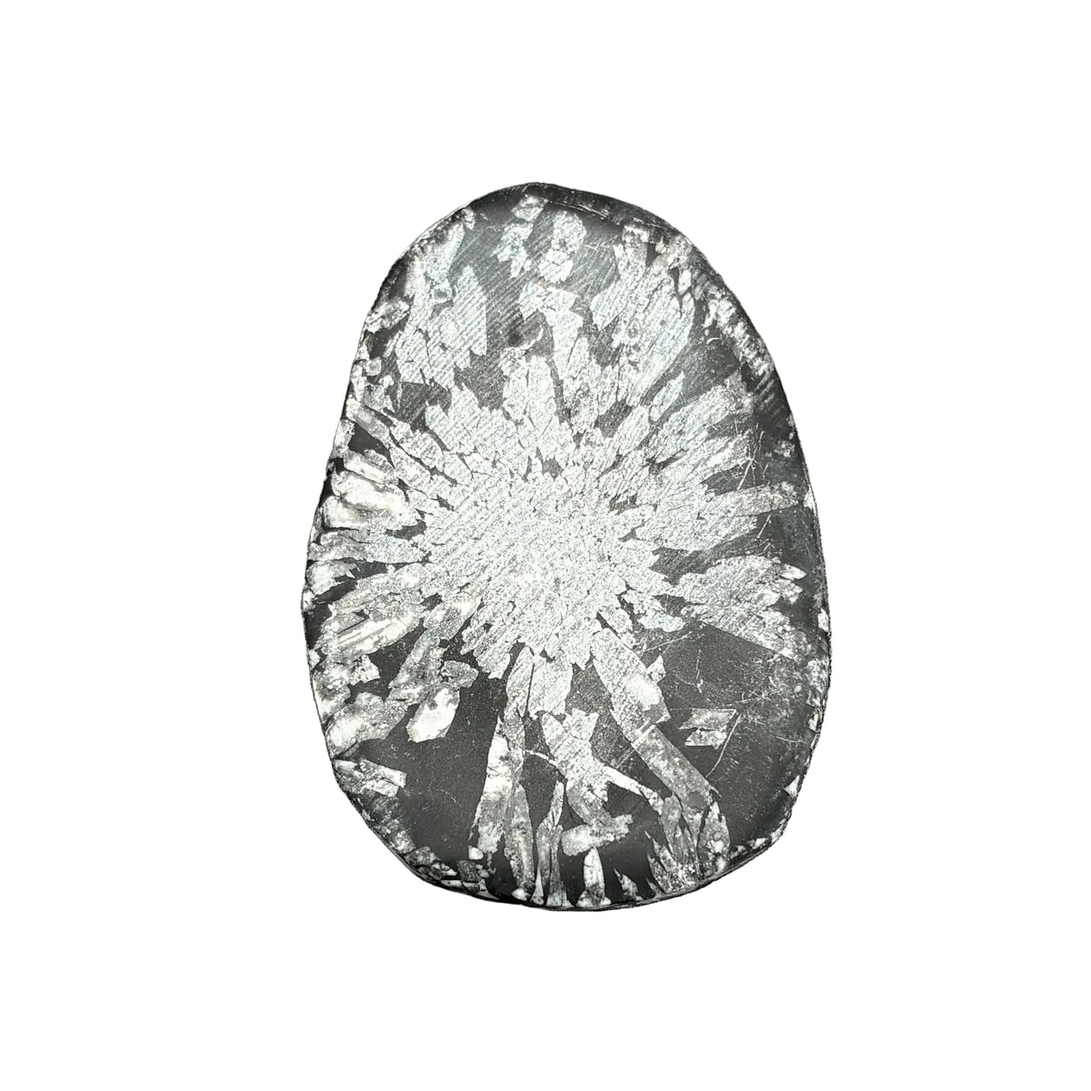 Front side of this chrysanthemum stone, in front of a white background.