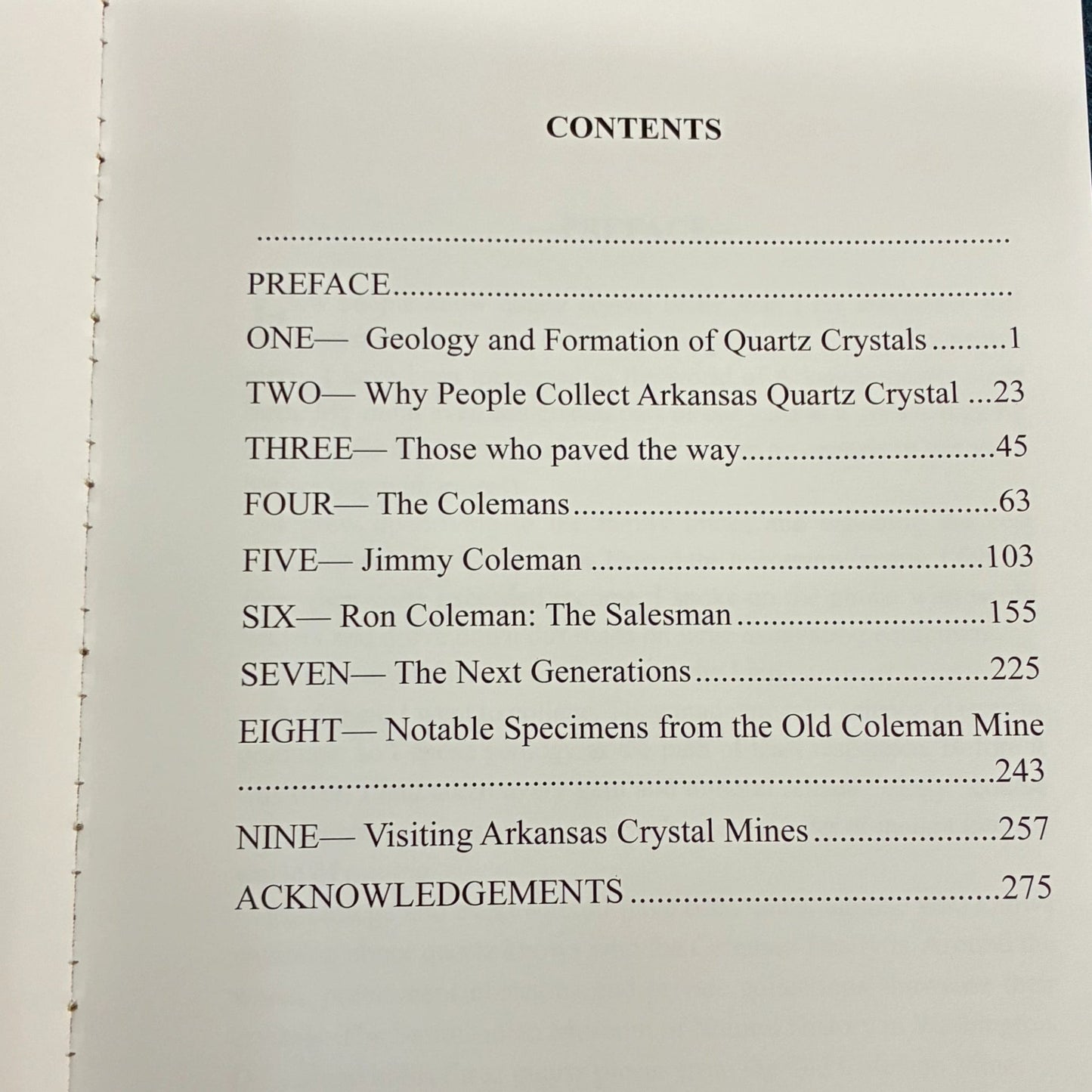 Table of the contents of the Quartz In Their Veins book.