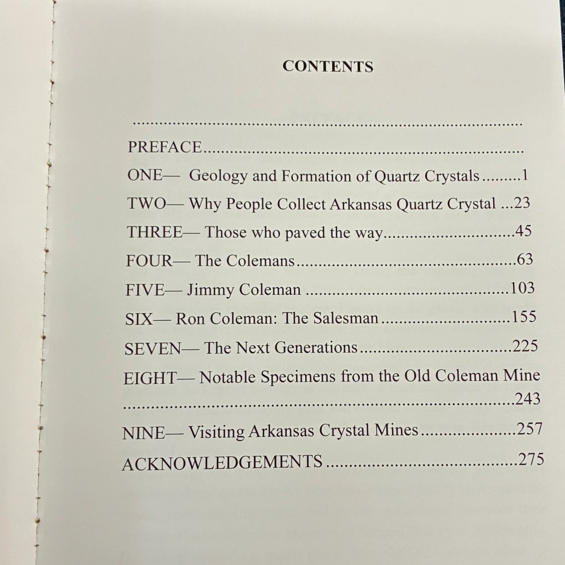 Table of the contents of the Quartz In Their Veins book.