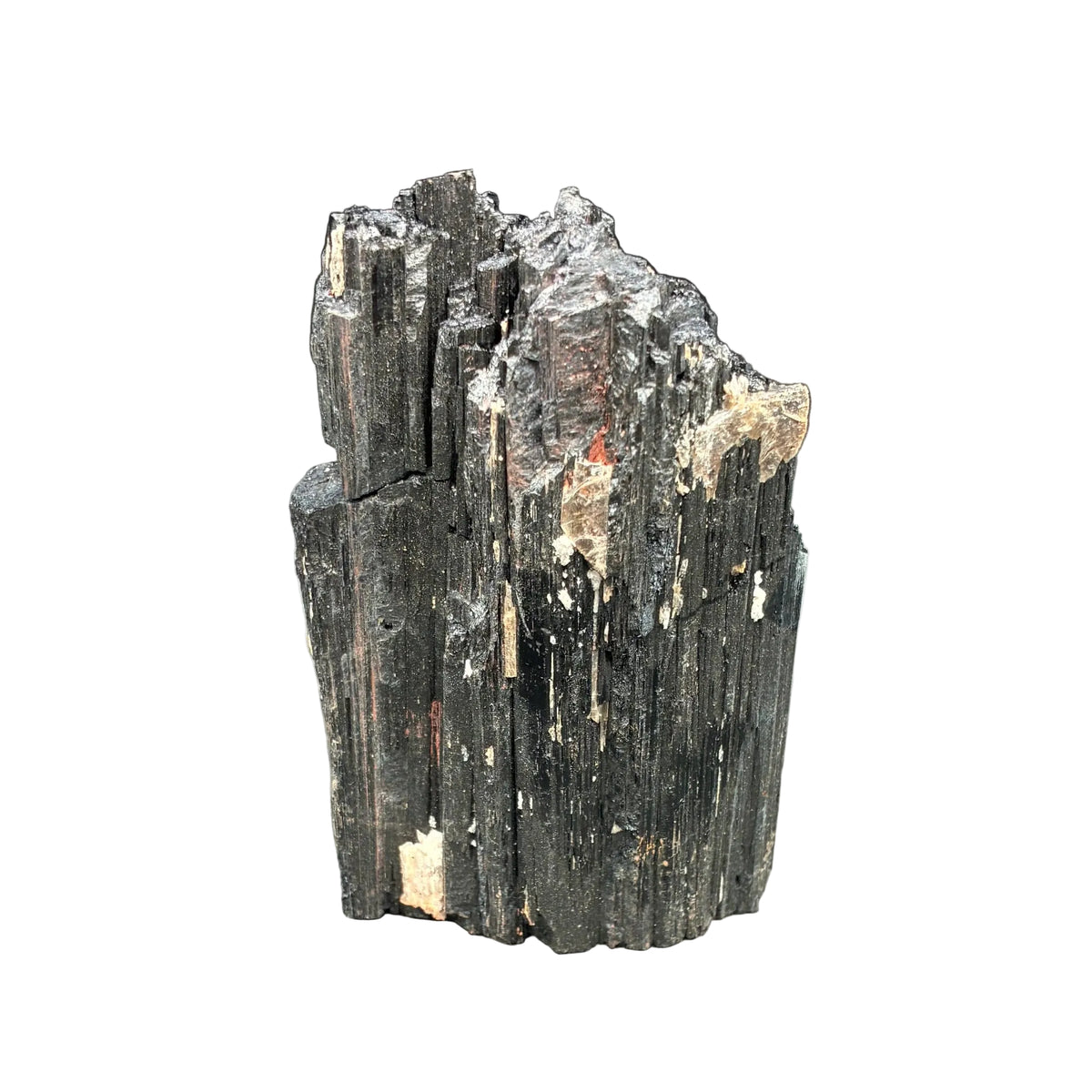 Front side of this black tourmaline, in front of a white background.