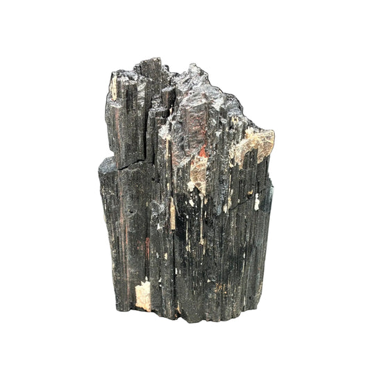 Front side of this black tourmaline, in front of a white background.