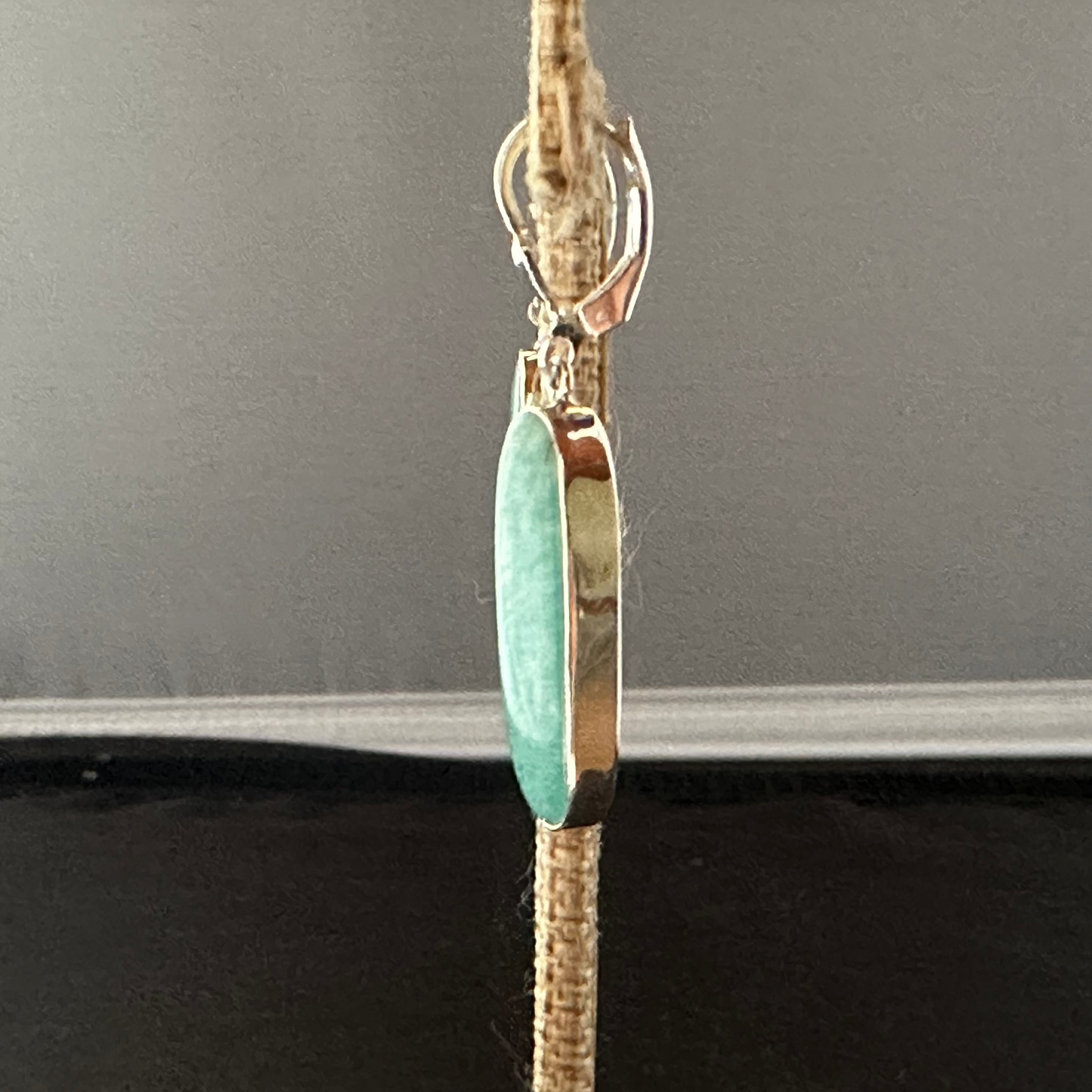 Side View Of Bezel Set Amazonite Drop Earrings