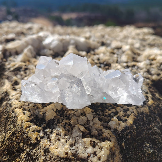 This is the front side of this small water clear cluster, and it has multiple different sizes points.