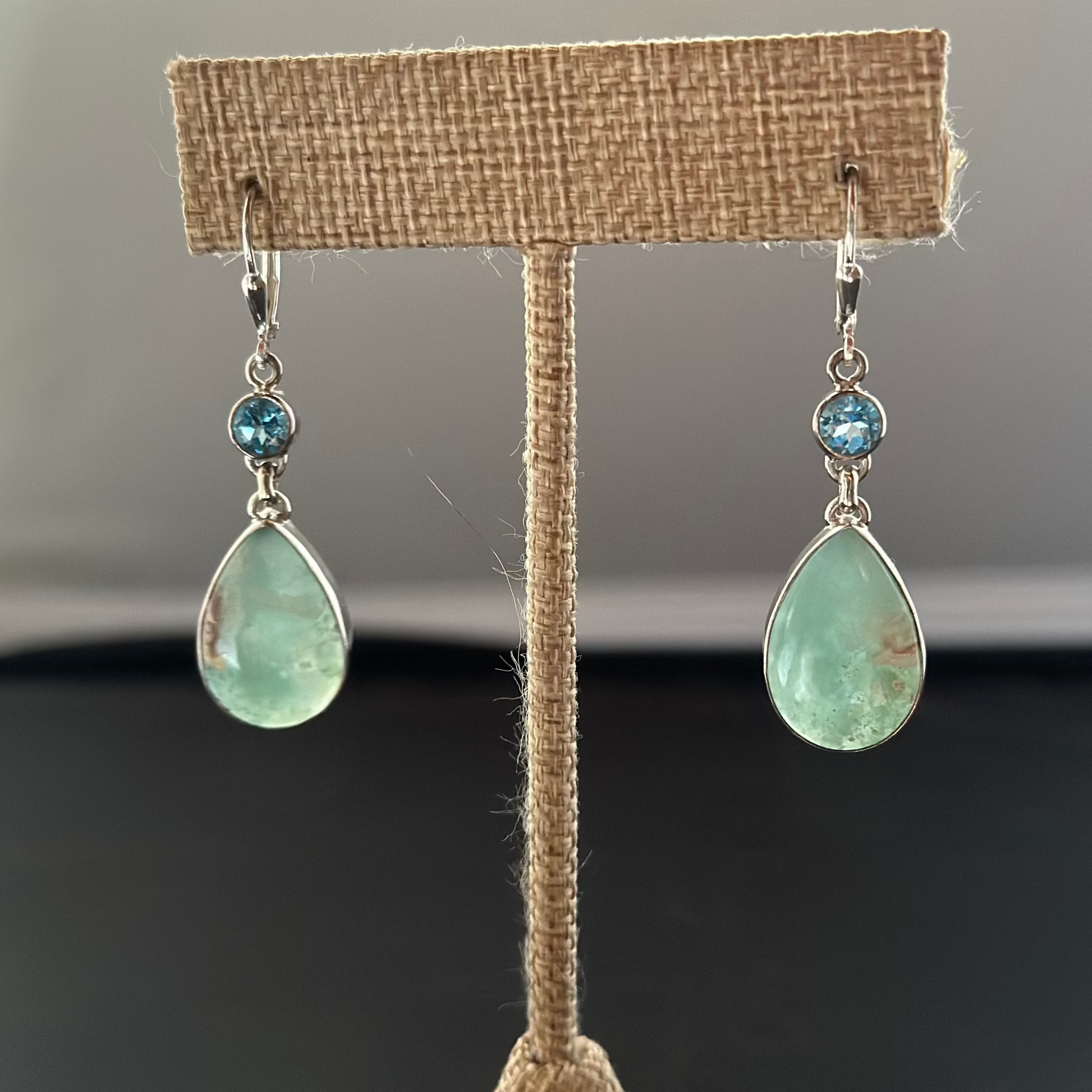 Silver Pear Varascite Blue Topaz Drop Pierced Earrings