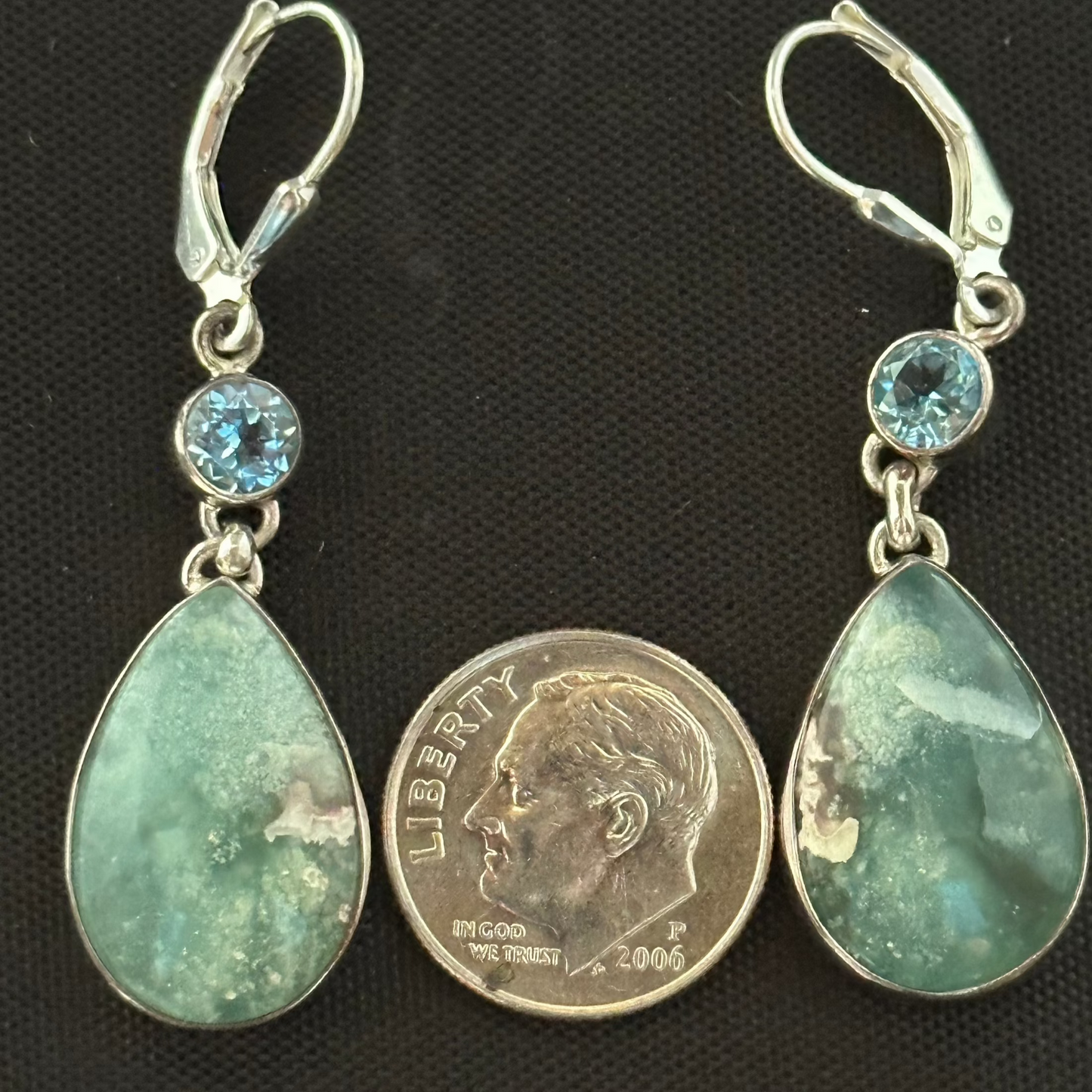 Varascite Pear Cabochon Earrings With Blue Topaz In Sterling SIlver Dime For Size