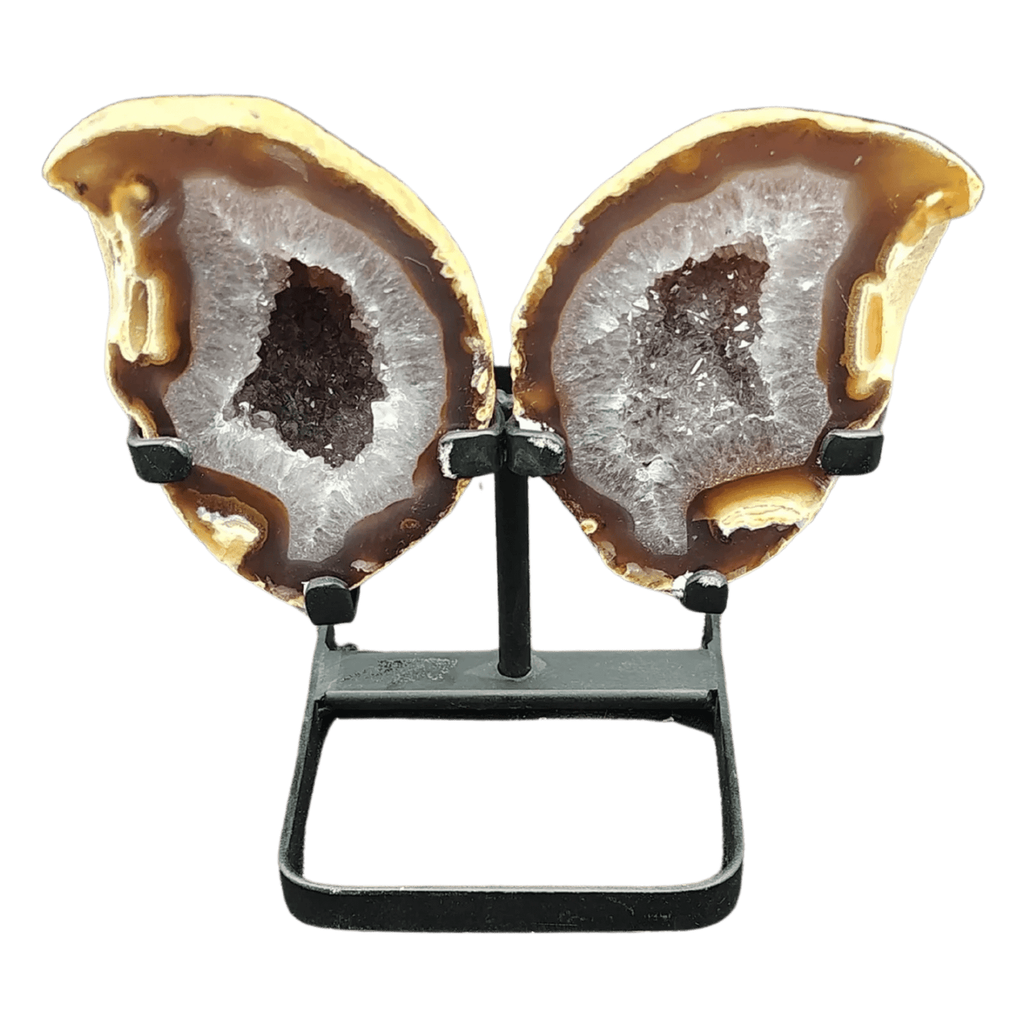 This is the front side of this gorgeous Agate butterfly on a rod iron stand, Polished brown front with white druzy crystals