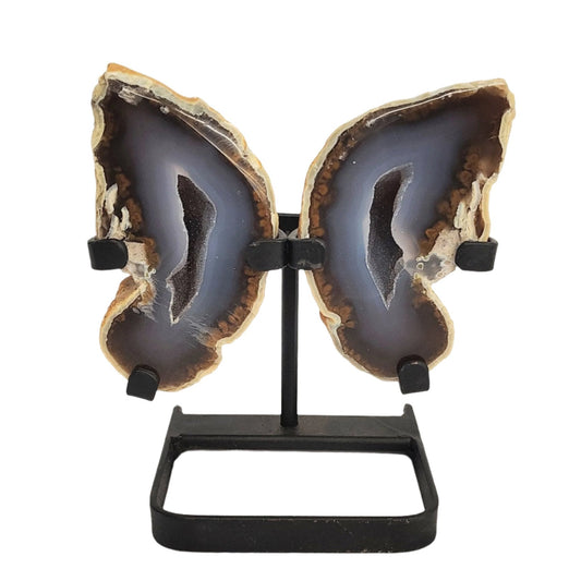 Front view of Agate wings and metal stand