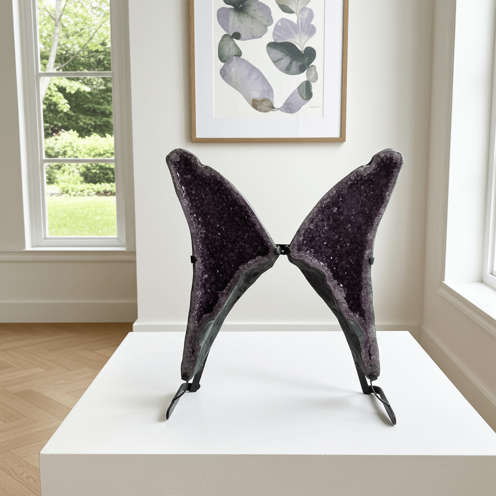Amethyst butterfly sculpture on a white pedestal in a room with a window and framed artwork.