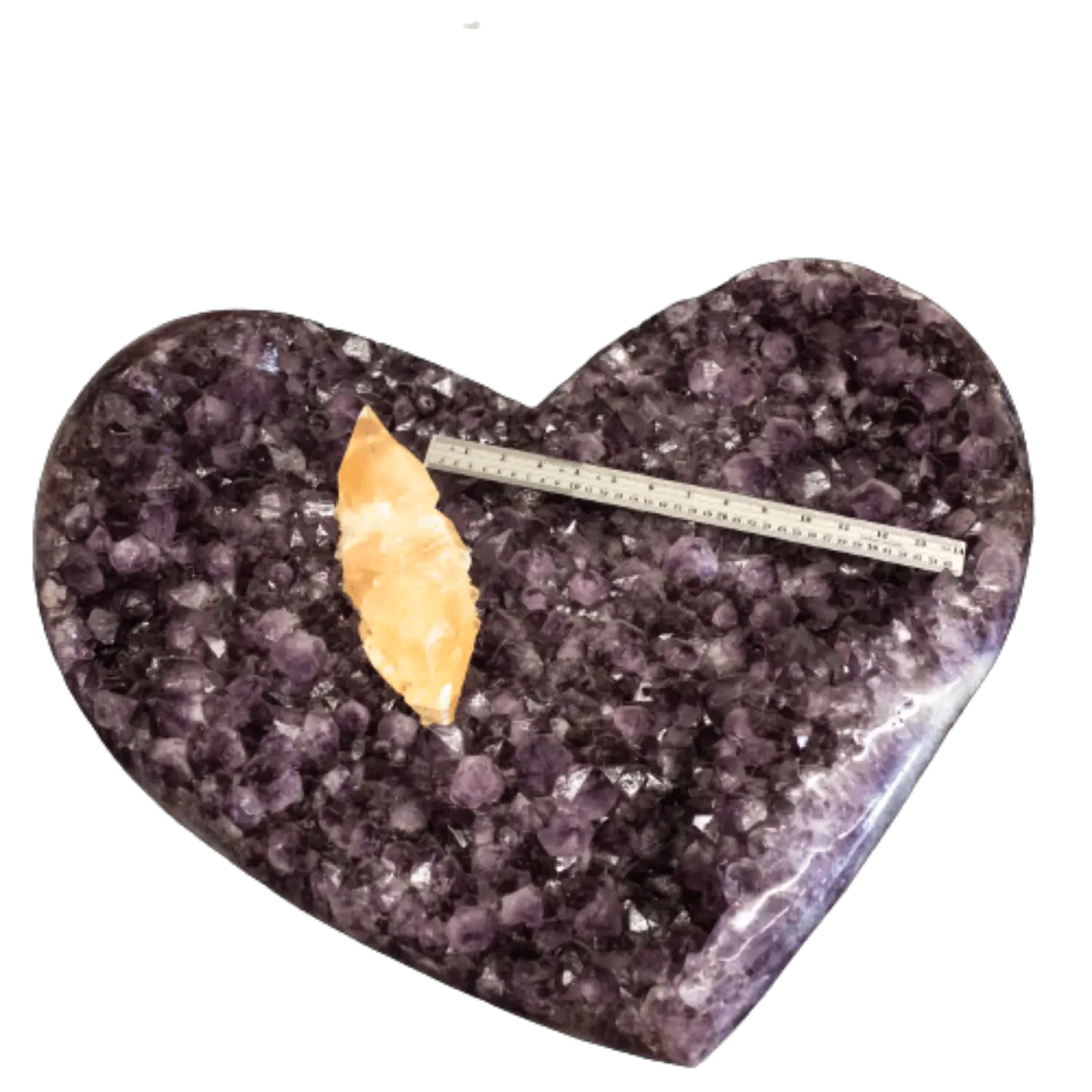 Large Carved Crystal Cluster Heart Calcite Crystal with a metal ruler