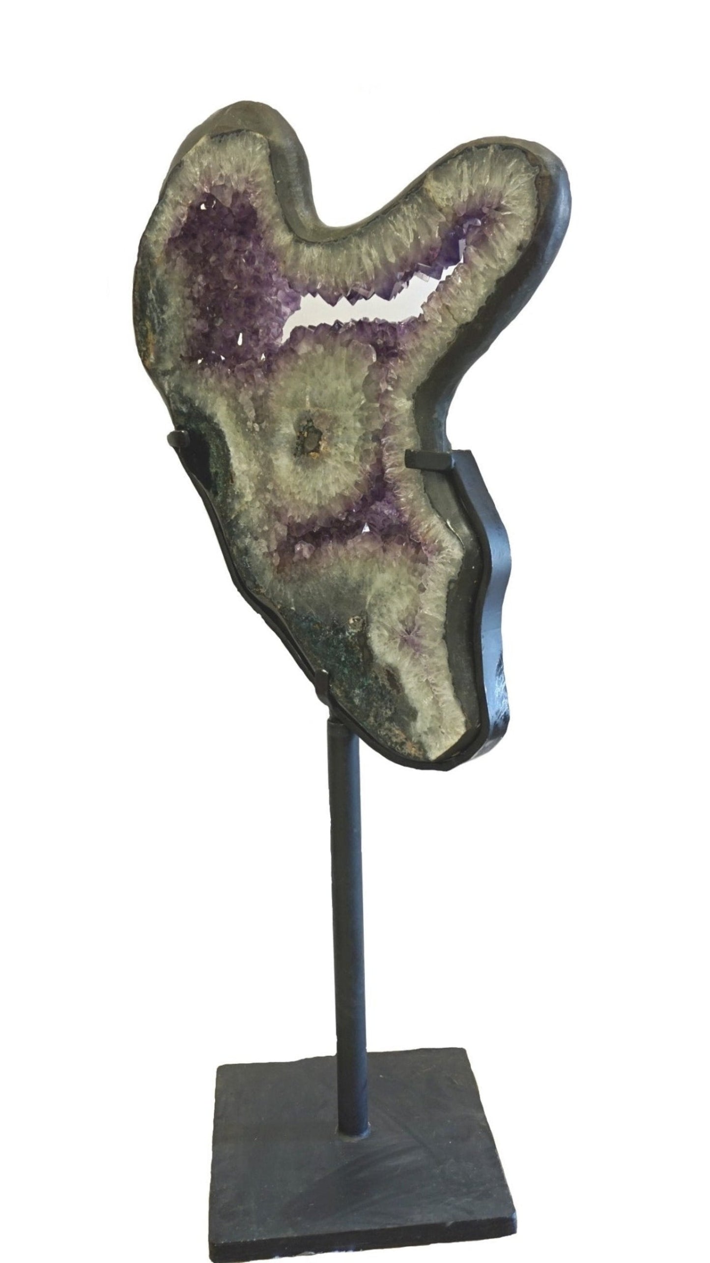 Amethyst Geode Slice Carved Stone 360 Rotating Black Stand