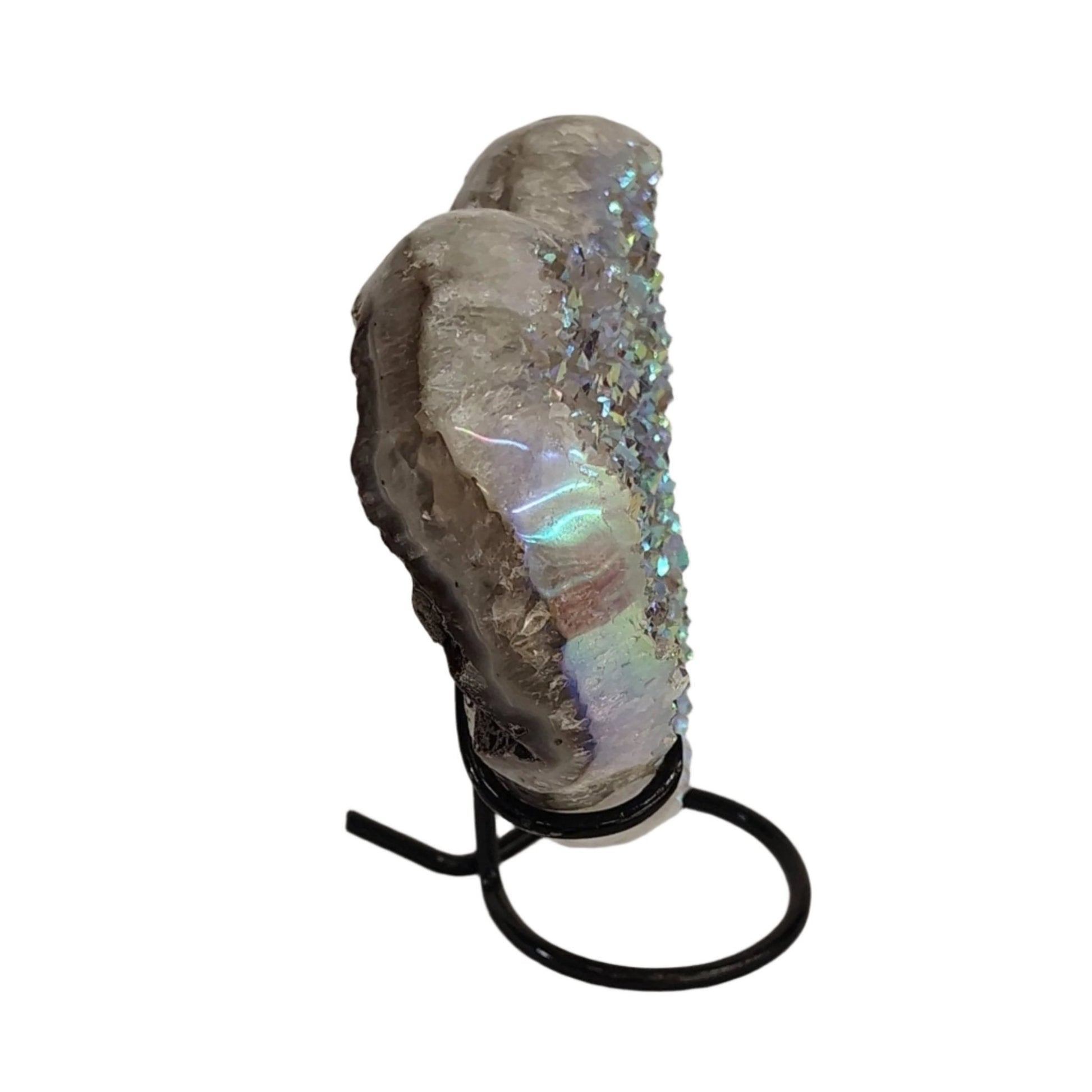 This is the right-side view of the Aura crystal heart on metal stand