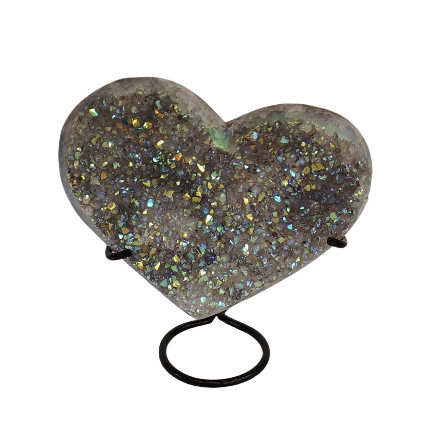 Front view of Aura crystal heart on stand