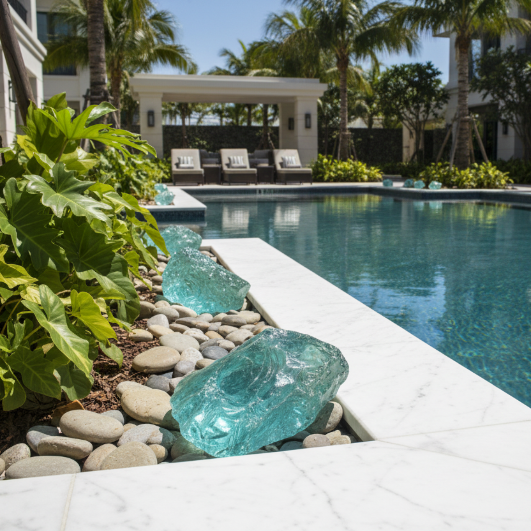Aqua Blue Transparent Slag Glass Chunks, used as decoration around a pool.