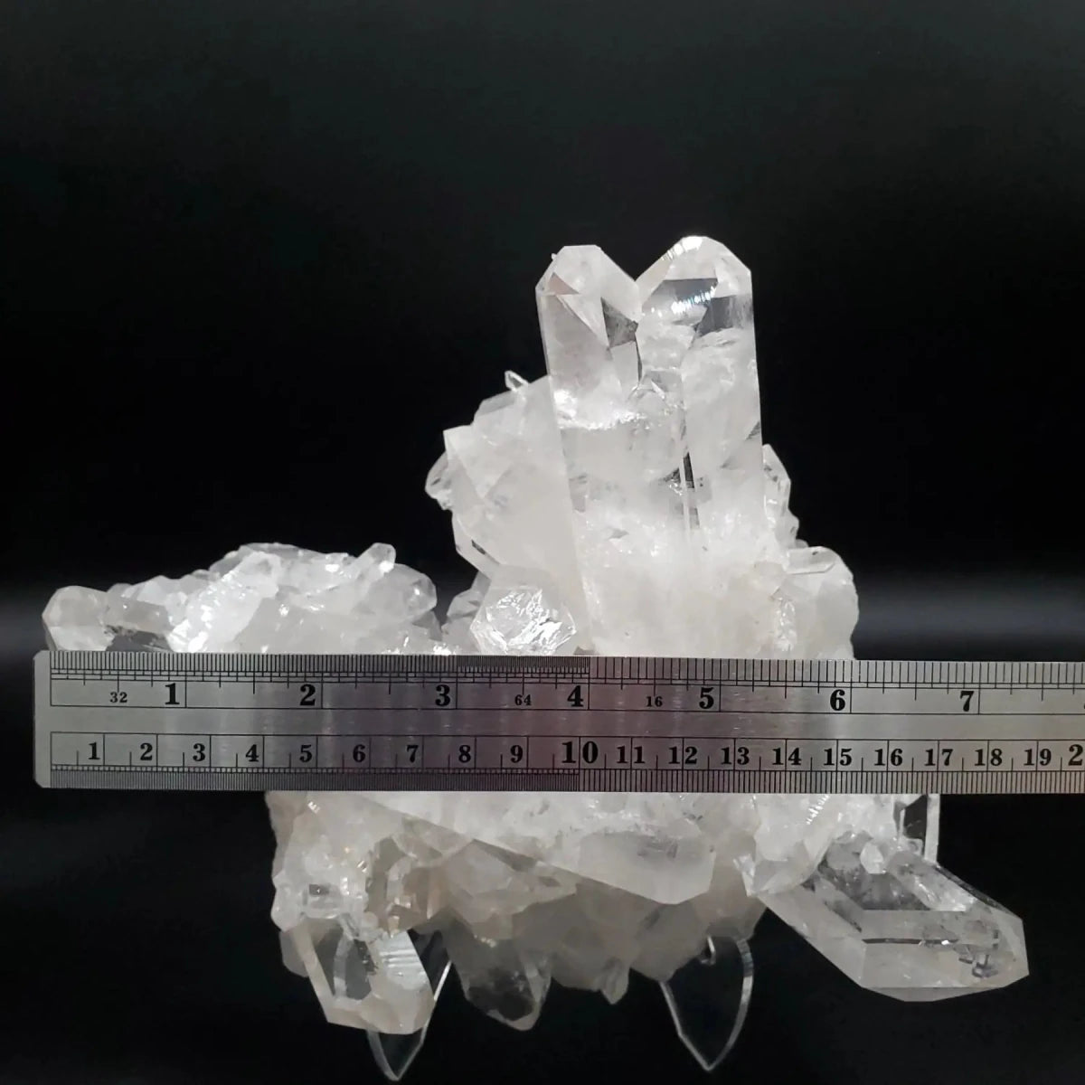 Arkansas Quartz Cluster Water Clear Points AAA Quality showing the ruler