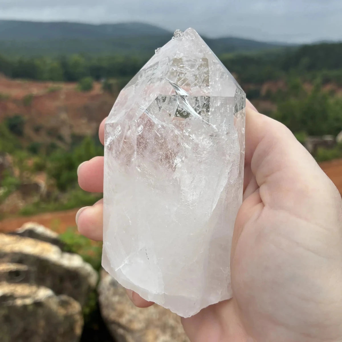 Back side of this Quartz crystal point outdoors.
