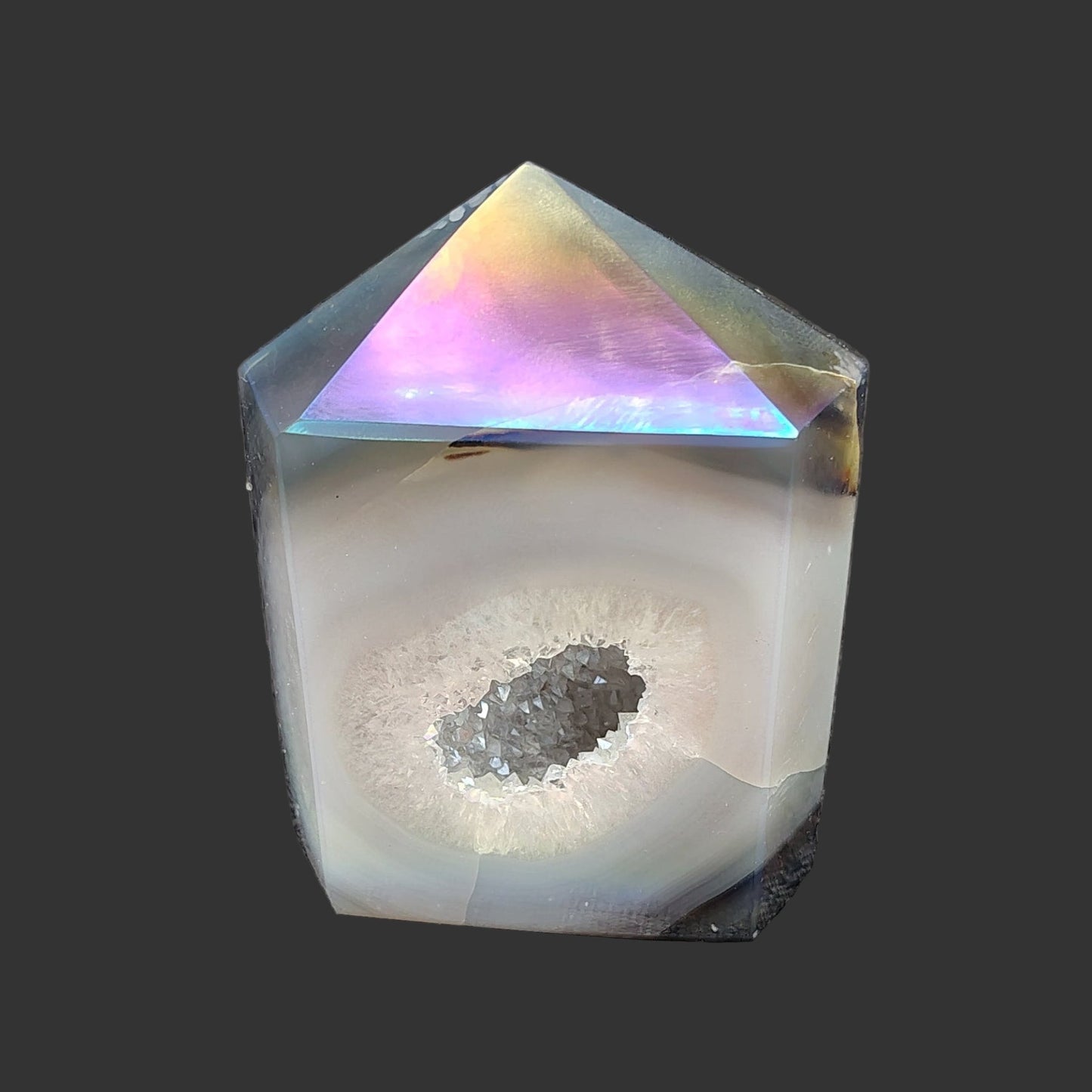 This is the front view of this aura coated crystal point.