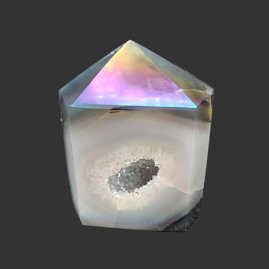 This is the front view of this aura coated crystal point.