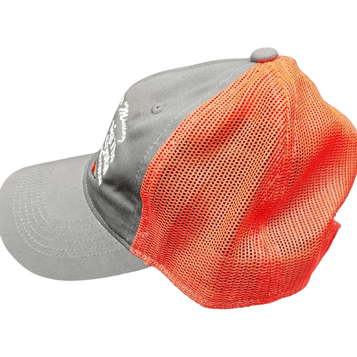 This is the side view of this gray and bright orange RCM baseball hat