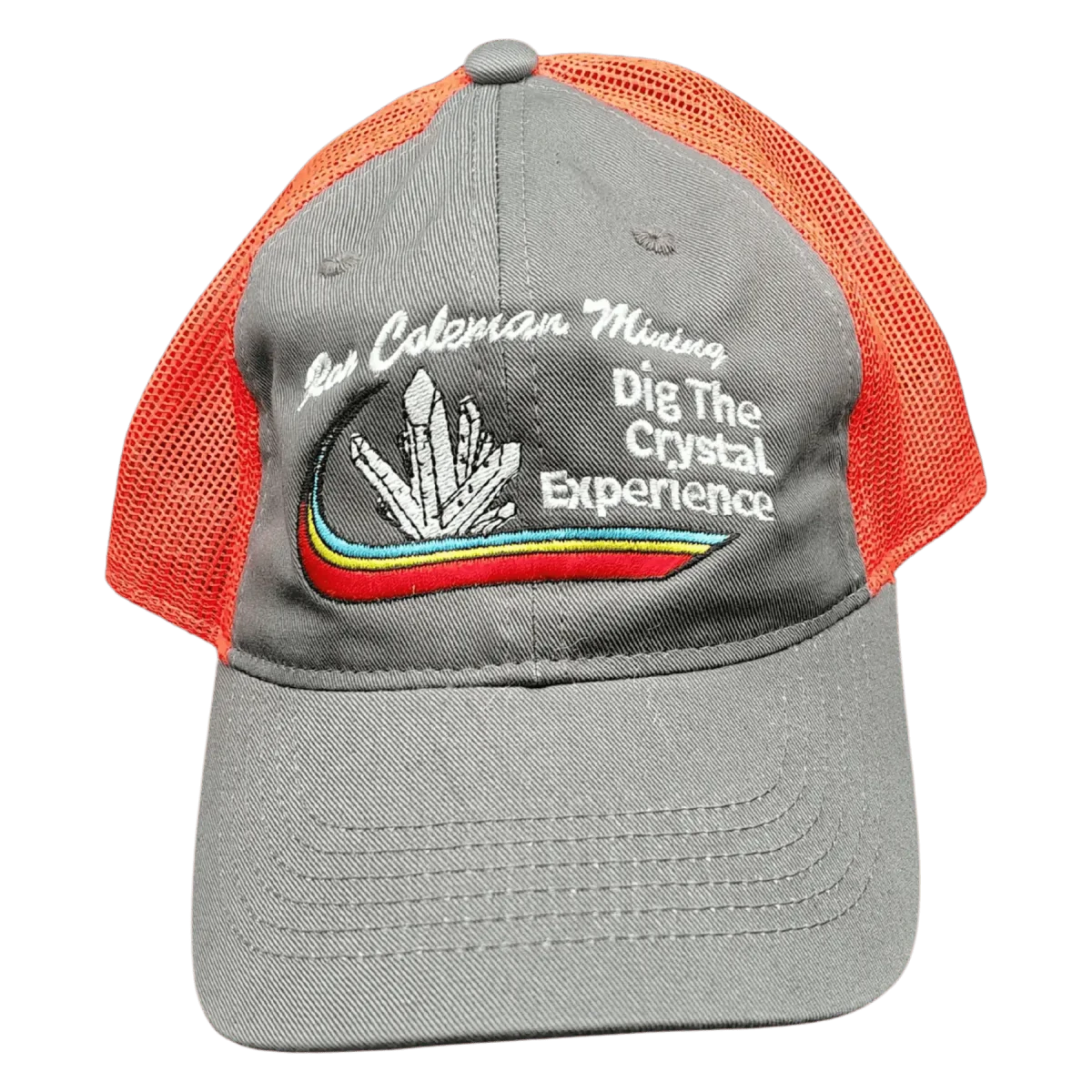 This is the front view of this gray and bright orange RCM baseball hat