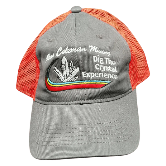 This is the front view of this gray and bright orange RCM baseball hat