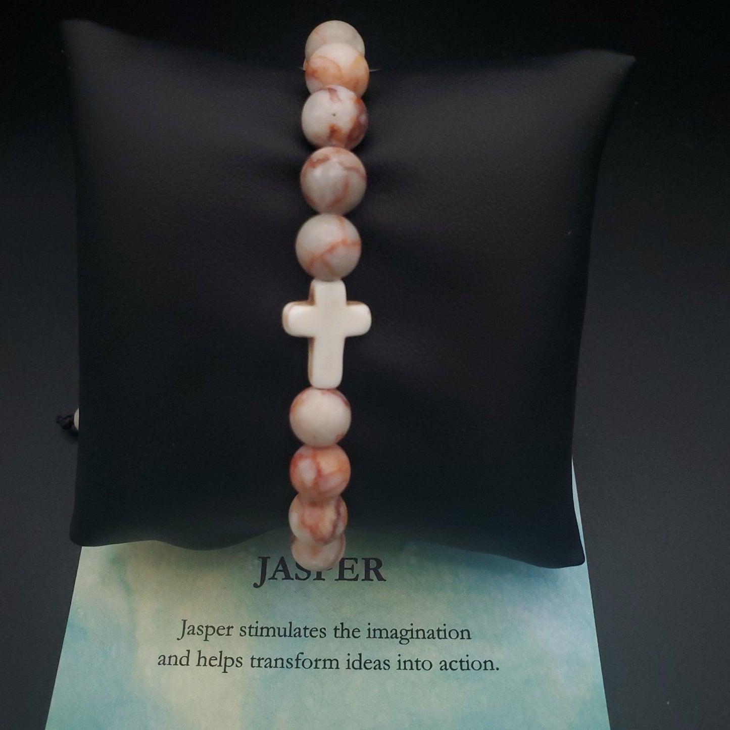 Beaded Stone Bracelet with Cross Howlite Agate Jasper Quartz Adjustable