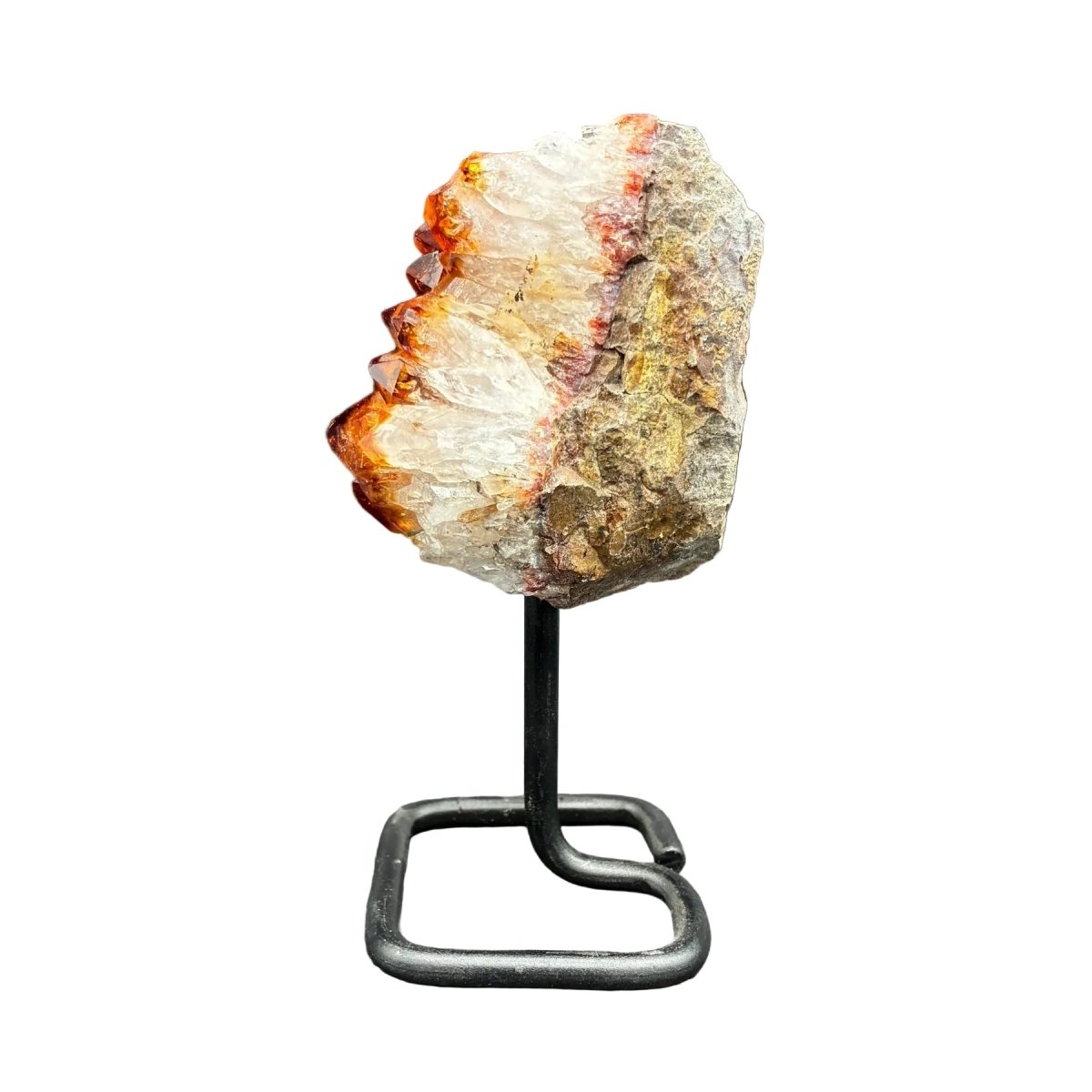 Left side of this Citrine cluster on metal stand, in front of a white background.