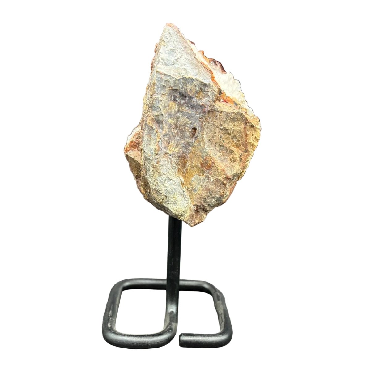 Back side of this Citrine cluster on stand, in front of a white background.
