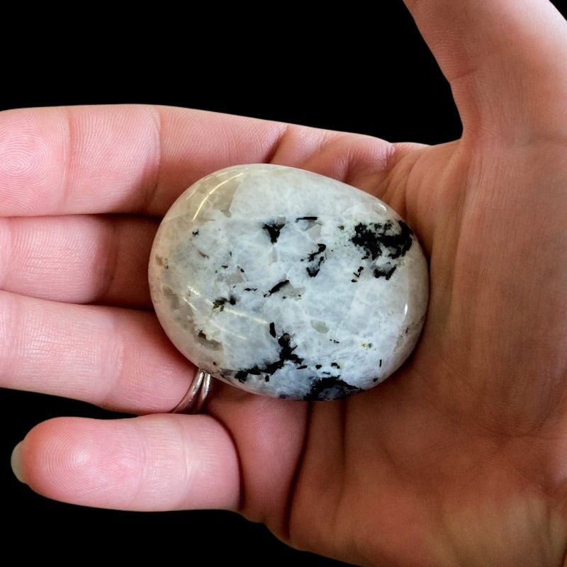 Black, White, And Gray Rainbow Moonstone Palm Stone