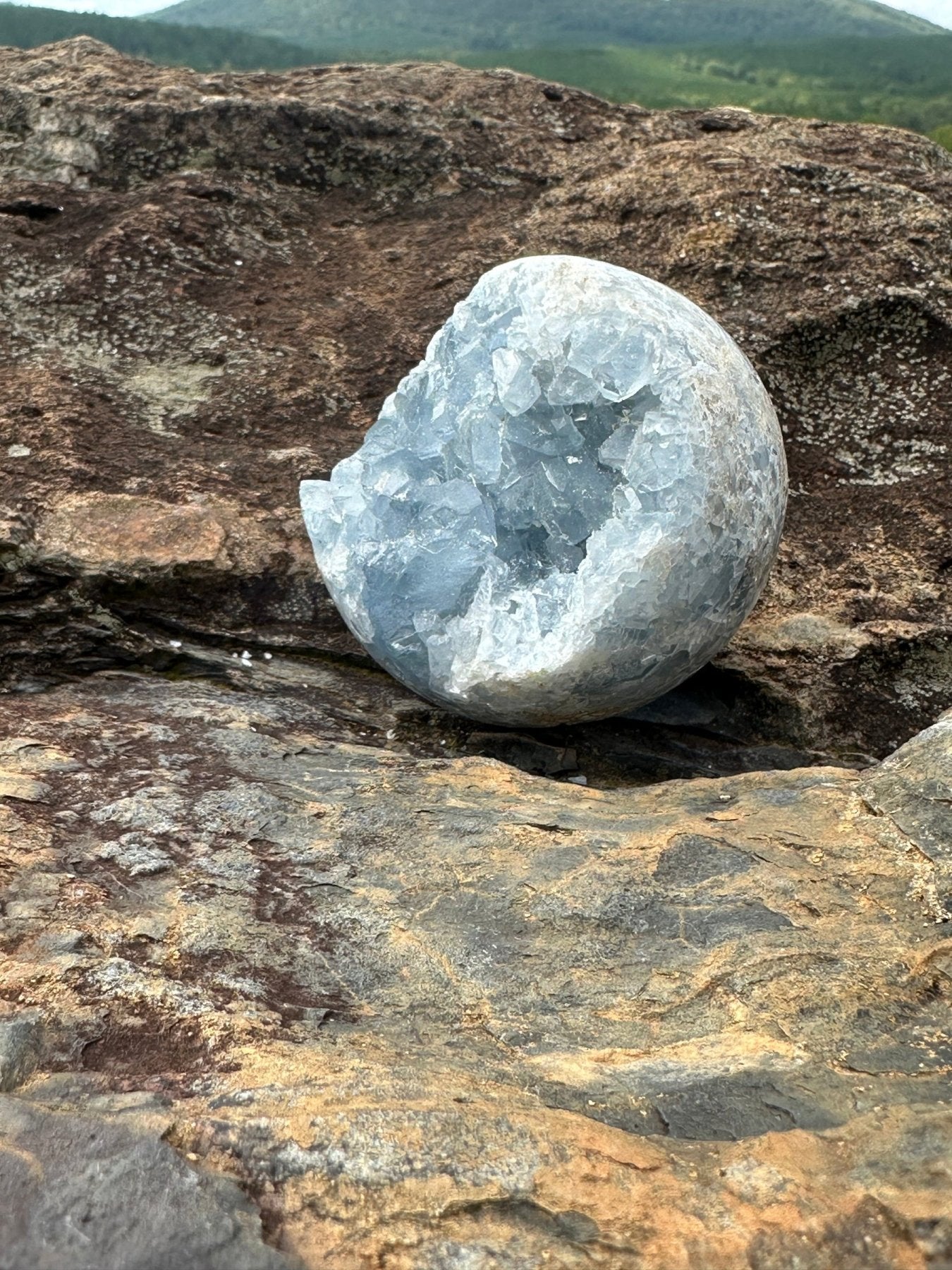 Side View Blue Celestite Sphere On Boulder
